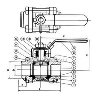 Butt welded three-plate ball valve constructral diagram