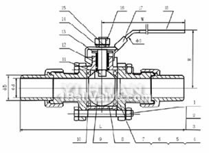 Three-plate loose-joint butt welded ball valve constructral diagram