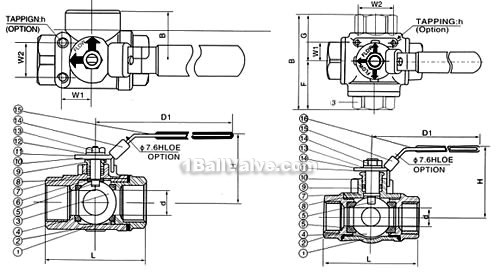 T-type, l-type three-way inner thread ball valve constructral diagram